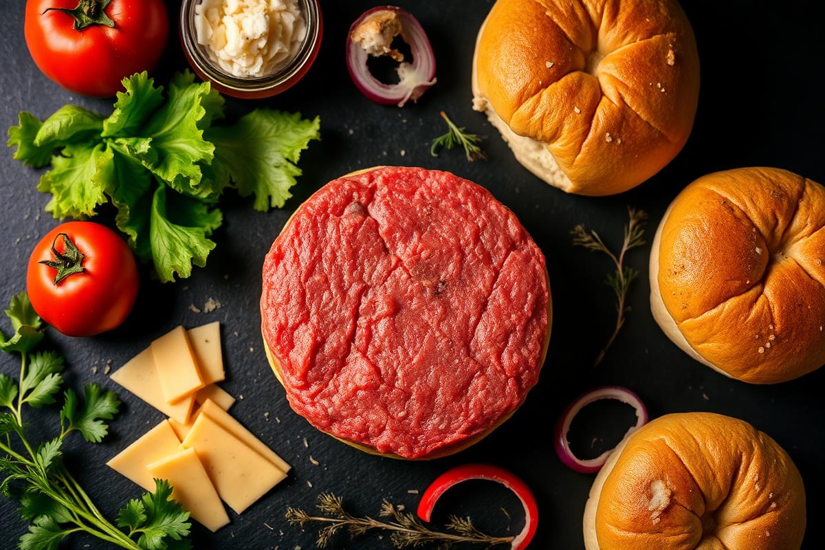 Fresh burger ingredients on a slate surface
